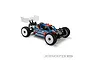 A fully assembled Sworkz S35-4 Evo RC buggy featuring a painted JConcepts P2 body shell with blue, red, and black racing decals on a white background.