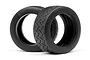 Two black HPI Racing 2.2 inch tarmac RC car tires with a directional tread pattern, shown against a white background.