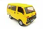 A yellow WPL D42 Kei Daihatsu HiJet RC drift van model on a white background, viewed from a high angle.
