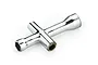 A small, chrome-plated metal cross wrench for RC vehicles, shown at an angle on a white background.