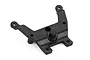 A black plastic front bulkhead brace for an RC vehicle, featuring mounting holes and a central post, isolated on a white background.