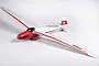 FMS Moa Glider RC plane in white and red livery with a Swiss flag on the tail, viewed from a high angle against a white background.