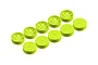 A set of ten bright yellow XRAY RC car rims arranged in two rows against a white background.