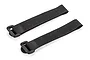 Two black fabric battery tie-down straps with plastic buckles, shown against a white background.