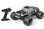 MJX Hyper Go 10208 1/10 scale RC monster truck in black with its matching pistol-grip radio transmitter on a white background.