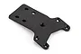 A black metal front chassis skid plate for an RC vehicle, featuring multiple countersunk screw holes, isolated on a white background.
