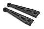 Two black plastic RC car front upper suspension arms shown from an elevated angle on a white background.
