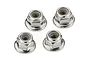 Four silver-coloured flanged nyloc nuts arranged in a square formation on a white background.