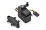 Atrek micro brushed steering servo with a black plastic case, servo horn, and mounting bracket on a white background.