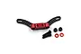 A Yeah Racing front shock tower made of carbon fibre and red anodised aluminium, shown with two black screws, two black nuts, and two red washers.
