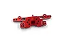 A red anodised aluminium rear shock tower for an RC car, featuring multiple mounting holes and a central vertical support bracket.