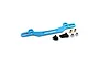A blue anodized aluminium rear shock tower for an RC car by Yeah Racing, including mounting screws, nuts, and brass spacers.