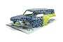 HPI Racing 1/18 Ford Bronco 4400 Big Kahuna pre-painted RC body shell in blue and yellow floral pattern, resting on a decal sheet.
