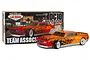 Team Associated DC10 Classic 1/10 scale RC drift car kit with its box, featuring an orange and red flame-patterned body shell.