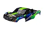A pre-painted Traxxas Slash VXL short course truck body shell in a green, blue, and black livery against a white background.