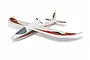 FMS Easy Trainer 1.3m RC plane in white with red and black decals, featuring a pusher propeller configuration and sleek glider-style design.