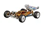 Team Associated 1/10 scale 4WD RC buggy with orange and blue body, white wheels, and gold shock absorbers on a white background.