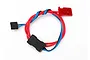 Traxxas telemetry voltage sensor with red and blue wires, a black sensor module, and two connectors against a white background.