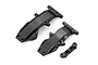 A set of three black aluminium RC skid plates and a suspension arm pin mount on a white background.