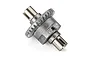 A metal RC car differential assembly with a bevel gear and two drive cups, isolated on a white background.