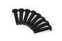 A set of eight black button head RC screws arranged in a fan shape against a white background.