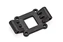 A black plastic RC car rear lower bulkhead part with a central square cutout and mounting holes, isolated on a white background.