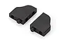 Two black plastic steering servo mounts for RC vehicles, shown from an angled perspective on a white background.