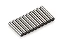 A set of ten small, cylindrical metal drive pins arranged in a parallel row against a white background.