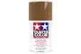 A 100ml can of Tamiya TS-1 Red Brown lacquer spray paint for plastics, featuring the iconic Tamiya logo and safety warning labels on a white background.