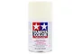 A studio shot of a Tamiya TS-7 Racing White lacquer spray paint can, showing the Tamiya logo and safety warnings on a white background.