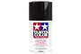 A 100ml can of Tamiya TS-14 Black lacquer spray paint for plastics, featuring the Tamiya logo and safety warnings on a white background.