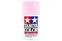 A can of Tamiya TS-25 Pink lacquer spray paint for plastic models, featuring the iconic Tamiya logo on a white background.