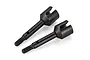 Two black steel RC wheel axles with threaded ends and drive cups, isolated on a white background.