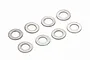 Eight small, circular silver metal washers arranged in a staggered pattern on a white background.