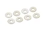 Eight small, flat, circular steel washers arranged in a scattered pattern on a white background.