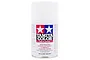 A white Tamiya TS-27 Matt White lacquer spray paint can for plastic models, featuring the Tamiya logo and safety warnings on a white background.