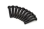 A set of ten black metal binder head screws with coarse threads arranged in a fan shape on a white background.
