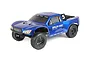 A blue Rovan Baja 5SC 1/5 scale RC short course truck with black wheels and off-road tires, shown from a three-quarter front angle on a white background.