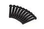 A set of ten black metal binder head screws arranged in a fan shape against a white background.