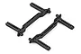 Two black plastic RC car body mounts with adjustable height holes, shown from an angled perspective against a white background.