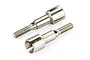 Two silver-coloured metal RC wheel axles with threaded ends and drive cups, isolated on a white background.