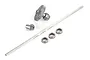 Atrek steel centre driveshaft assembly parts including a long hexagonal shaft, two bevel gears, and three ball bearings on a white background.