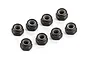 A set of eight black steel 4mm nyloc nuts arranged on a white background.