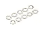 A set of ten small, circular silver-coloured metal washers arranged in two rows on a plain white background.