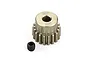 An Atrek 18T 48P pinion gear made of gold-toned aluminium, shown with a small black grub screw on a white background.