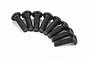 A set of eight black metal button head screws arranged in a semi-circular arc against a white background.
