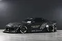 A side profile view of a 1/10 scale RC Mazda RX-7 FD3S body shell by Pandora RC, featuring a carbon fibre finish, wide body kit, and BN Sports decals.