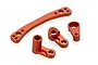 A set of four orange anodised aluminium RC steering components including a curved steering link and three bell crank arms on a white background.