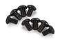 Eight black metal button head screws arranged in two curved rows on a white background.