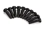 A set of ten black metal binder head screws with coarse threads arranged in a semi-circle on a white background.